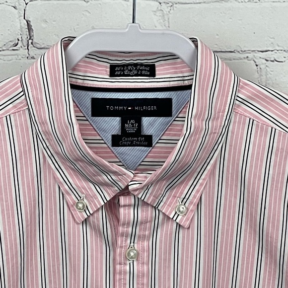 Tommy  Hilfiger Pink Striped Button Up Shirt Large Long Sleeve 80s 2 Ply Fabric - Picture 2 of 12